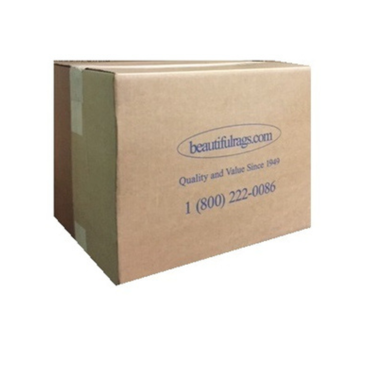 Brown cardboard shipping box with Beautiful Rags branding on a white background.