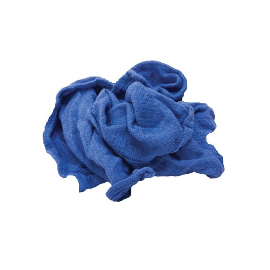 Blue cotton huck towels loosely piled to show their textured fabric on a white background