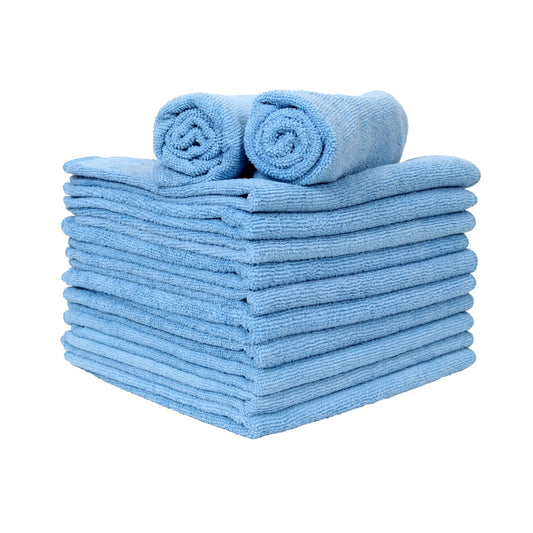 Stack of folded blue microfiber car wash towels with two rolled towels on top