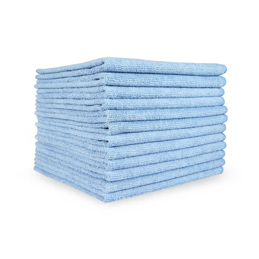 Stack of folded light blue microfiber cleaning cloths on a white background