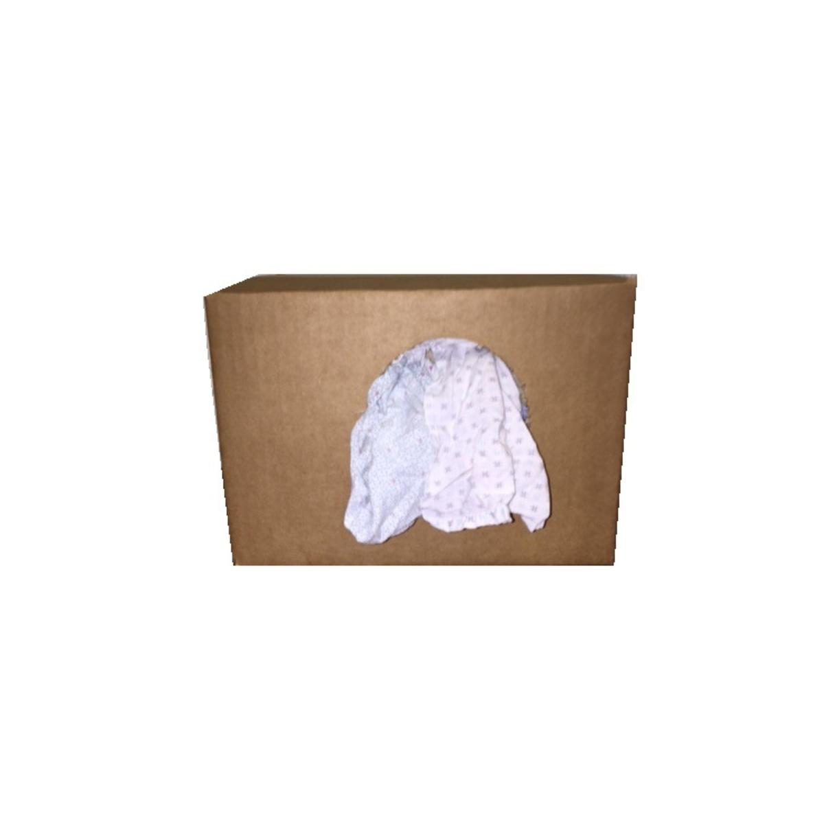 Brown cardboard dispenser box with a light-colored rag pulled through the front opening